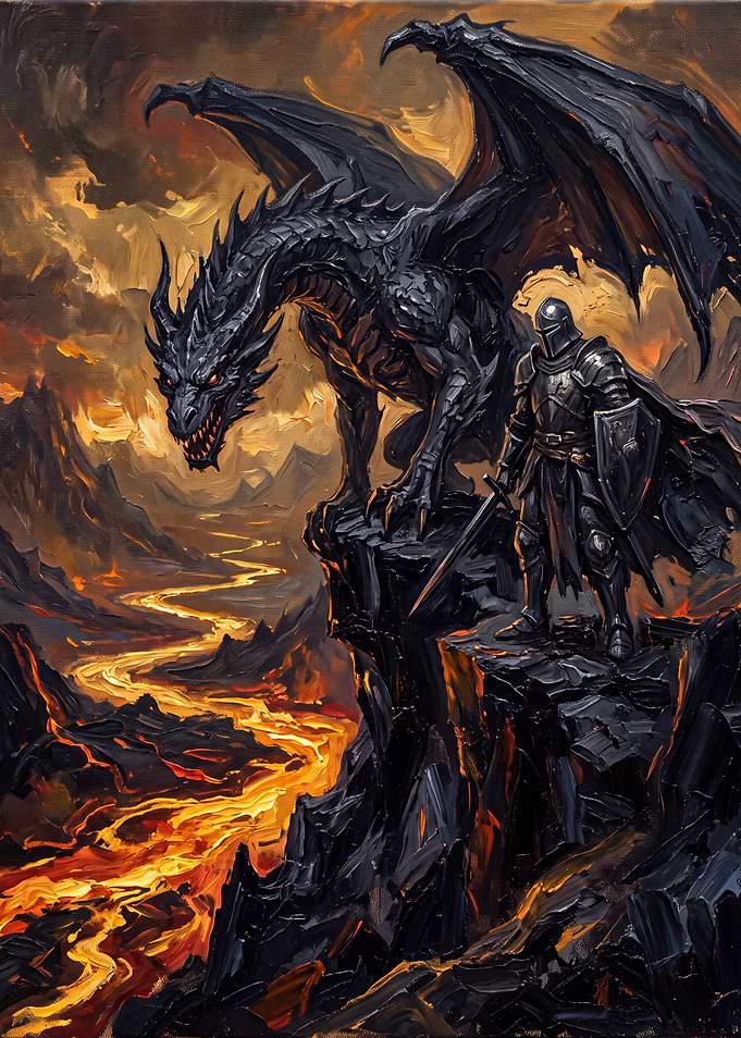 Knight and Dragon in Volcanic Landscape