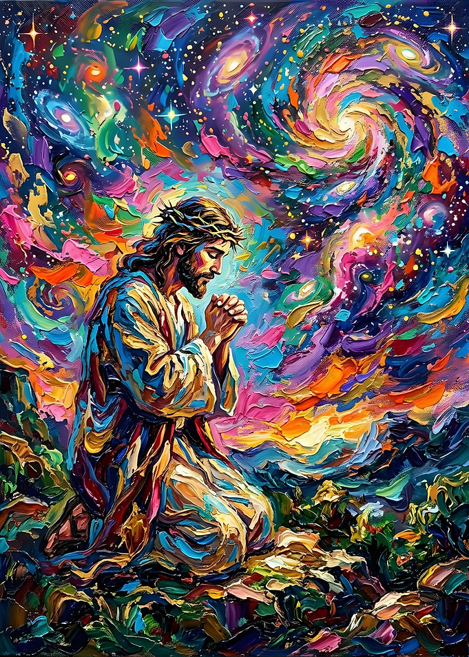 Jesus Praying in Cosmic Galaxy