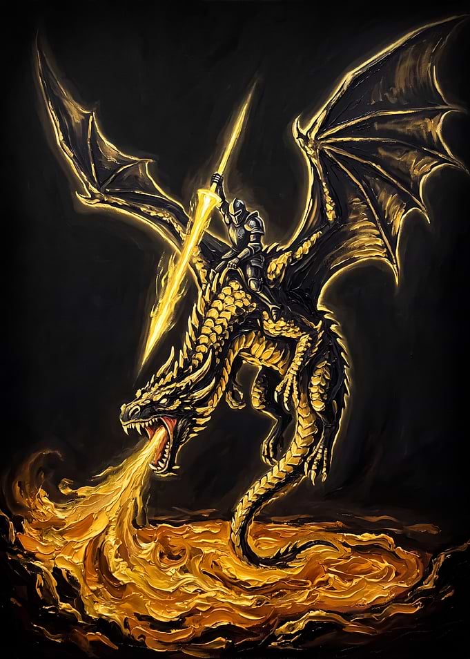 Knight Riding Dragon with Glowing Spear