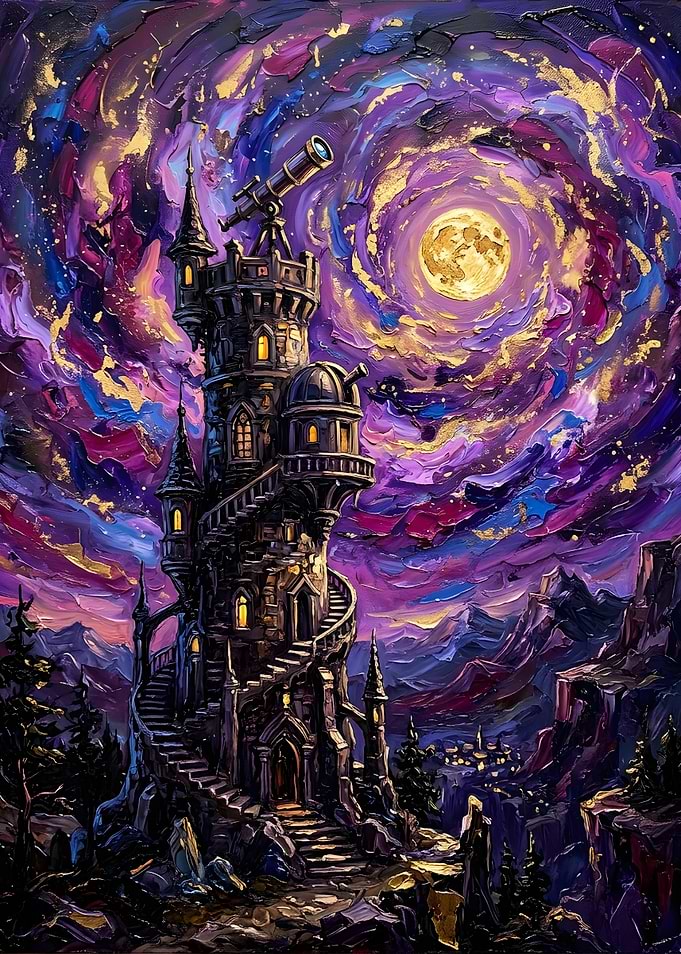 Observatory Tower Under Swirling Galaxy