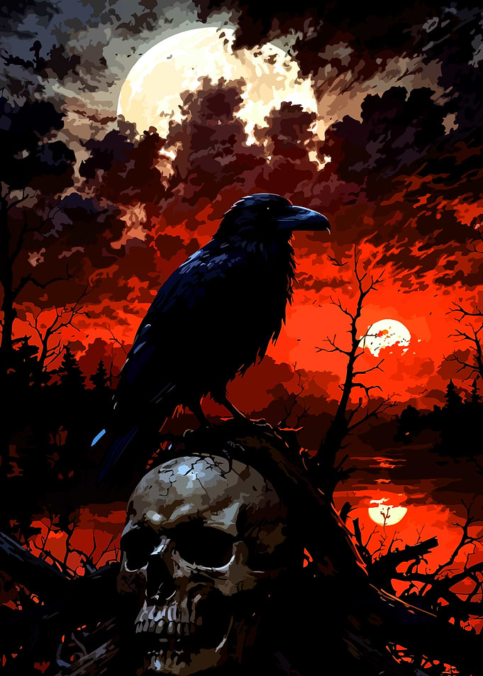 Raven Perched on Skull at Sunset