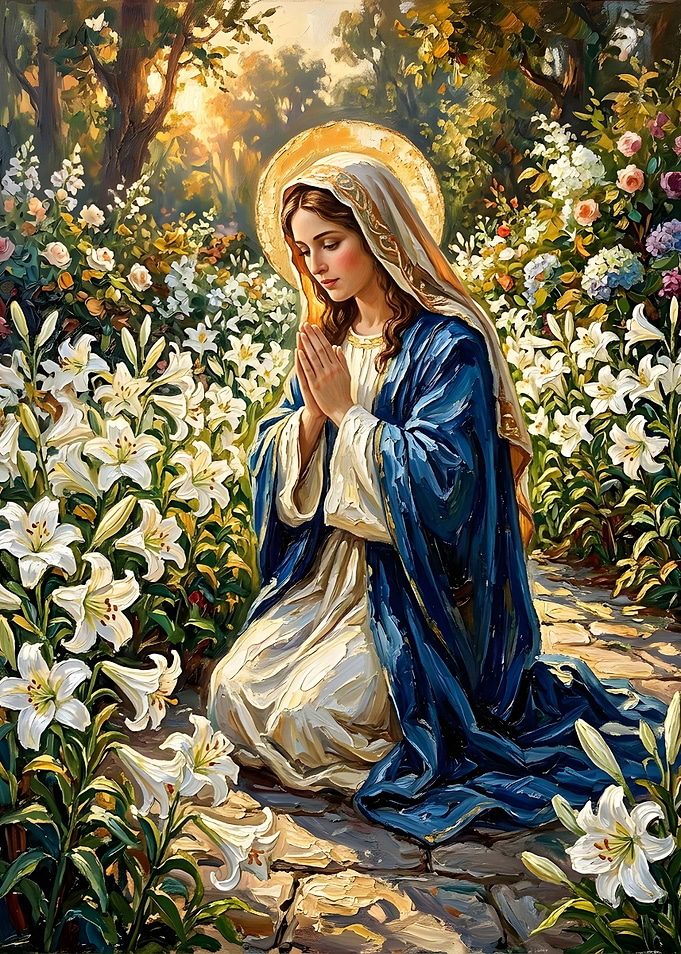 Virgin Mary Praying in Lily Garden