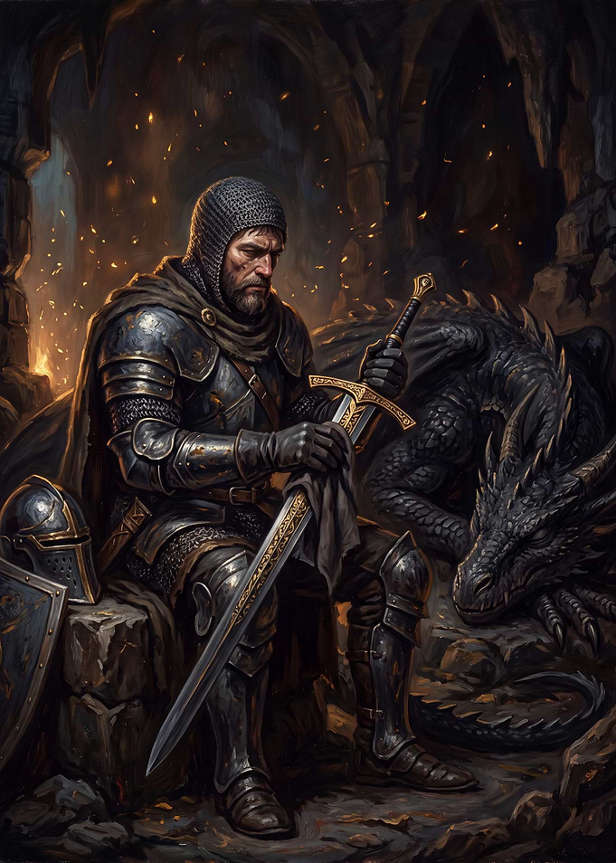 Knight Cleaning Sword Beside Sleeping Dragon