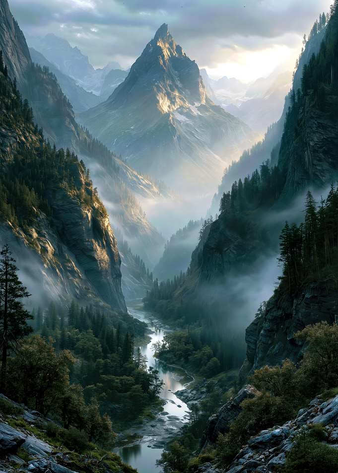 Misty Mountain Valley River Landscape