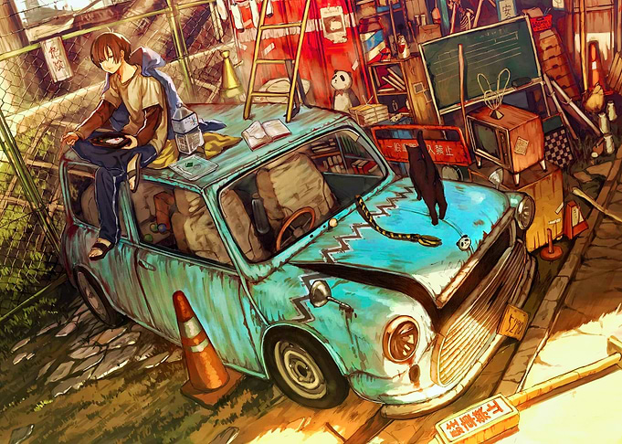 Anime Boy Resting on Vintage Car