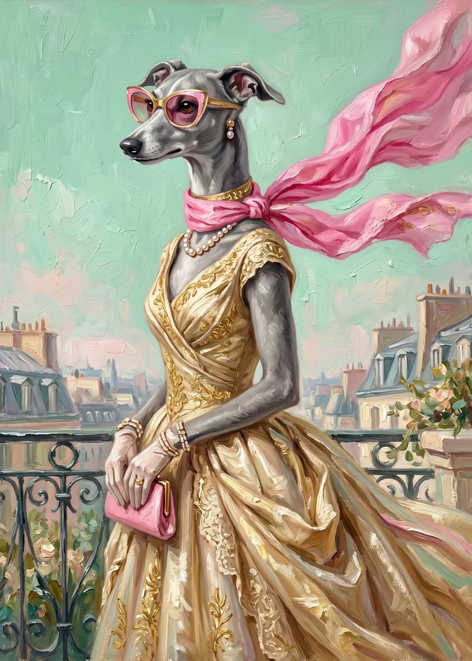 Chic Fashionista Greyhound in Paris Portrait Art