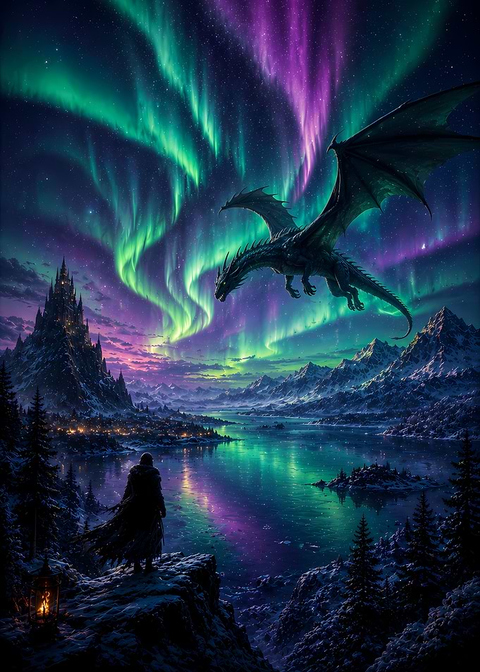 Dragon Flying Under Northern Lights