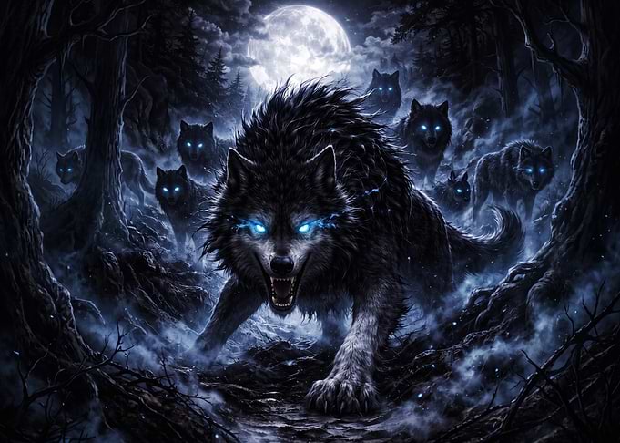 Pack of Glowing Blue-Eyed Wolves