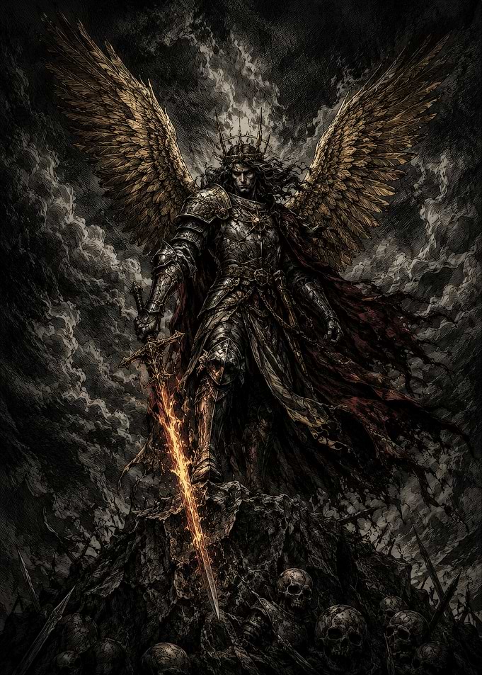 Fallen Angel Warrior with Flaming Sword