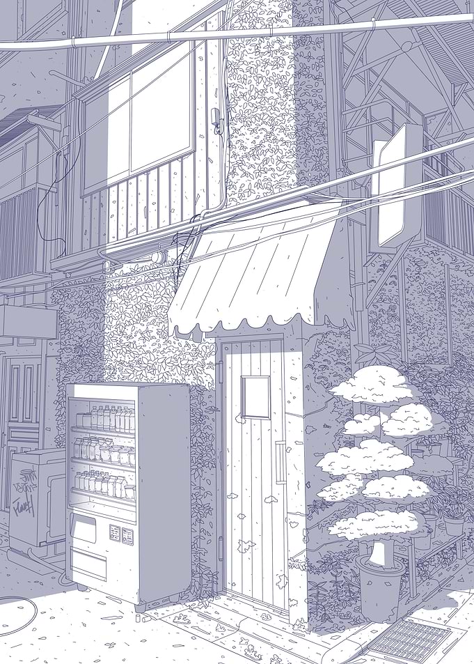 Quiet Japanese Alleyway Line Art
