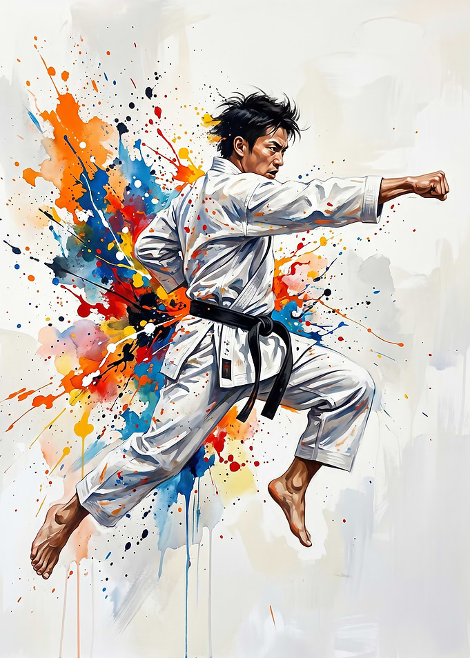 Dynamic Karate Fighter Watercolor Art