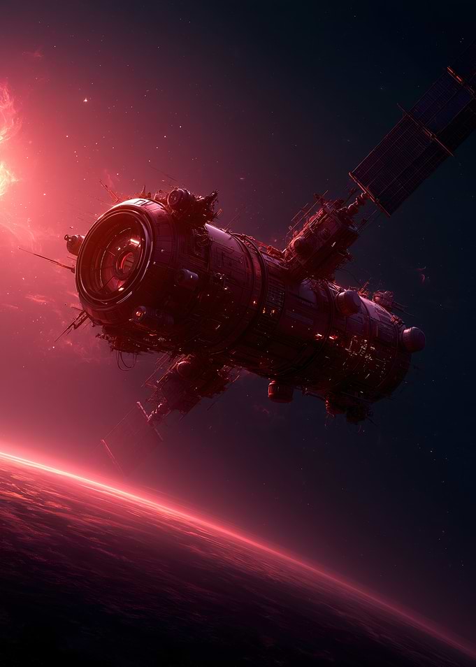 Red Space Station Orbiting Planet