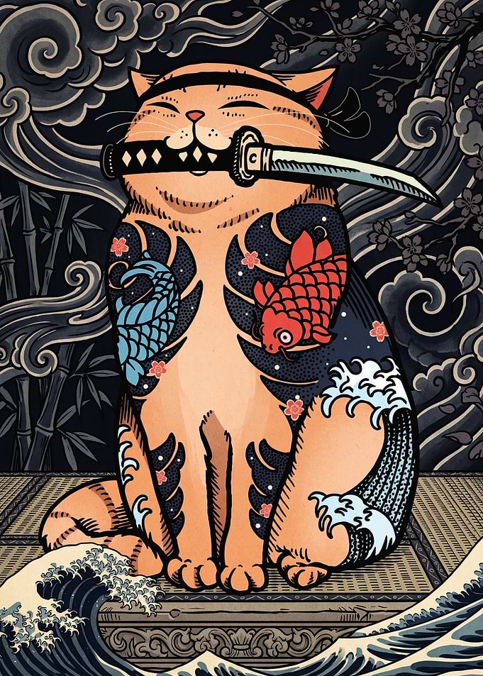 Tattooed Samurai Cat with Katana