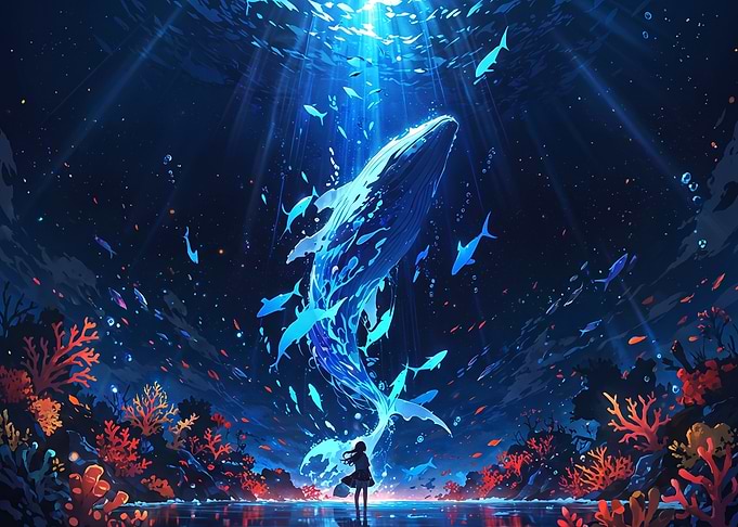 Girl Standing Before Magical Whale