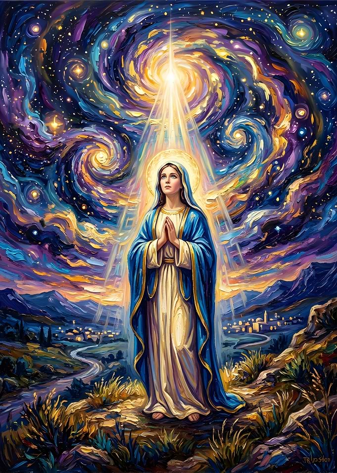 Virgin Mary Under Starry Galaxy Sky