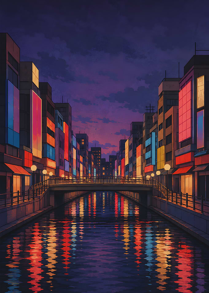 Anime Style City Canal at Dusk