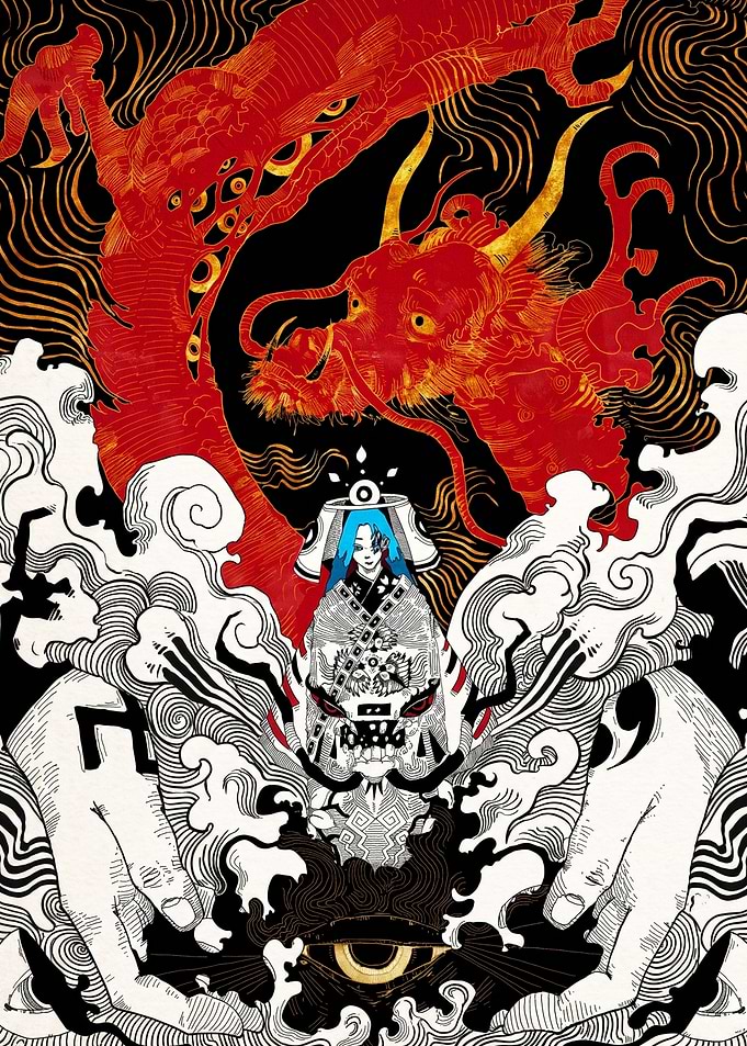 Mystical Dragon and Shrine Maiden Illustration