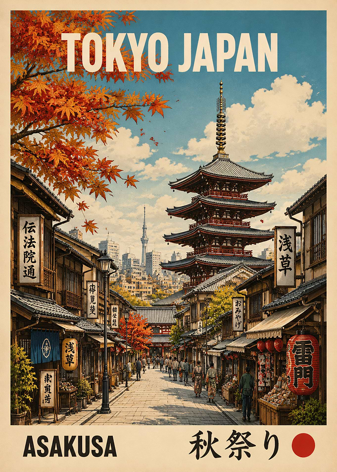 Vintage Tokyo Asakusa Travel Poster