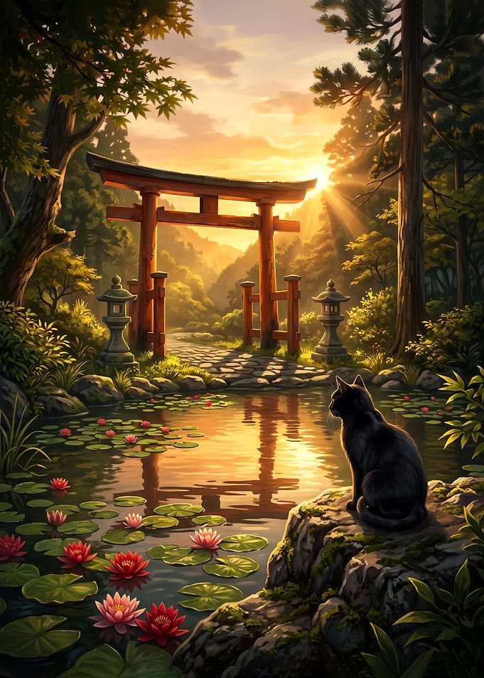 Black Cat at Japanese Torii Gate poster