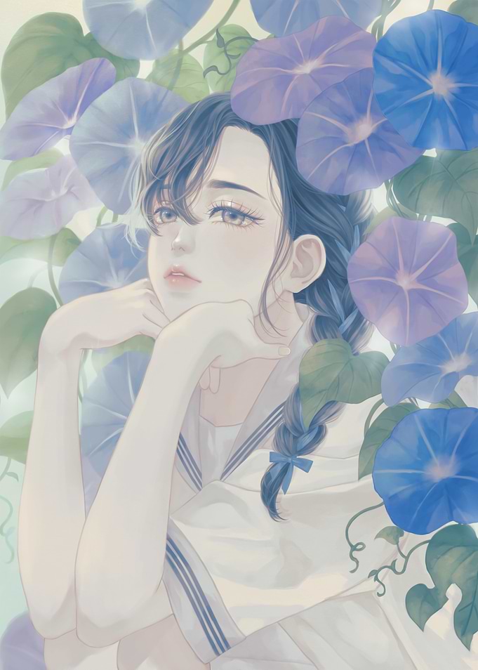 Girl Surrounded by Blue Morning Glories