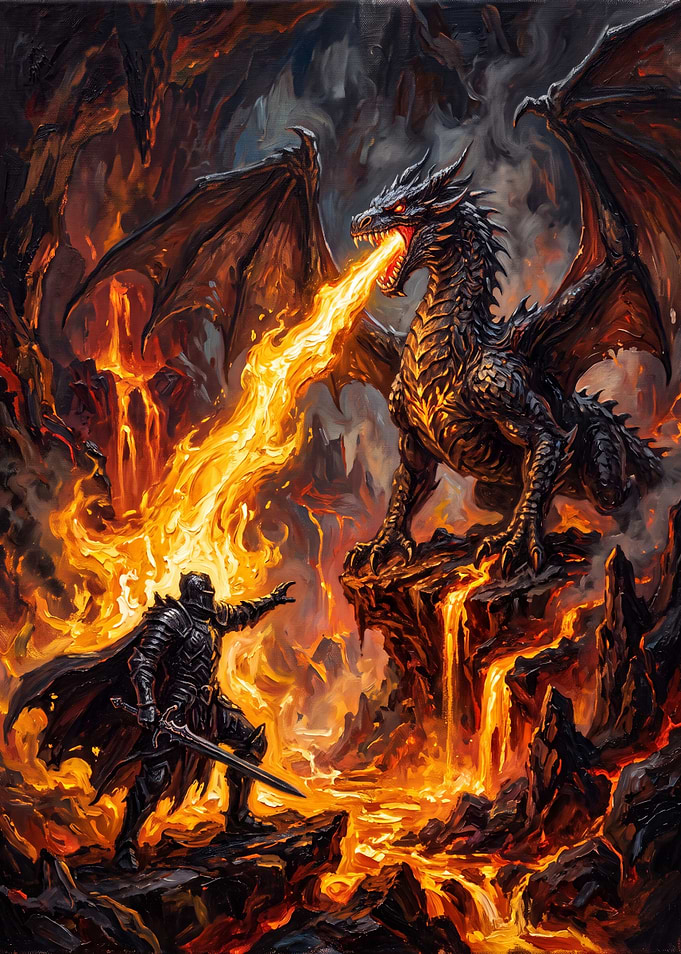 Knight Facing Fire Breathing Dragon