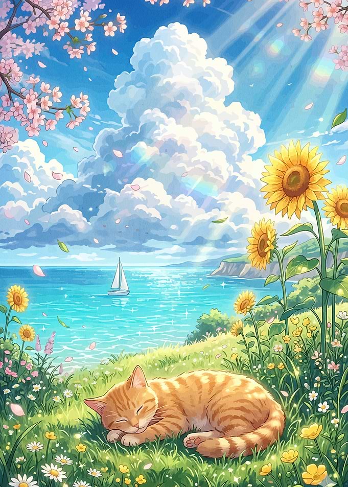 Sleeping Ginger Cat in Sunny Meadow