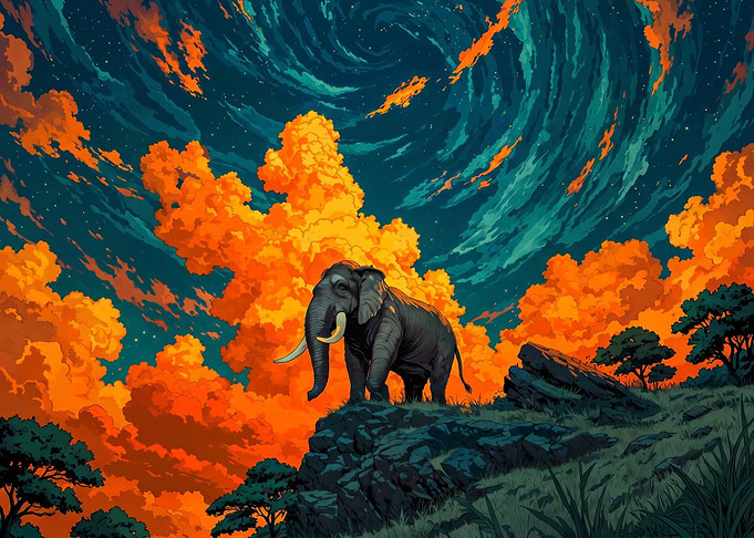 Majestic Elephant Under Swirling Sunset Sky