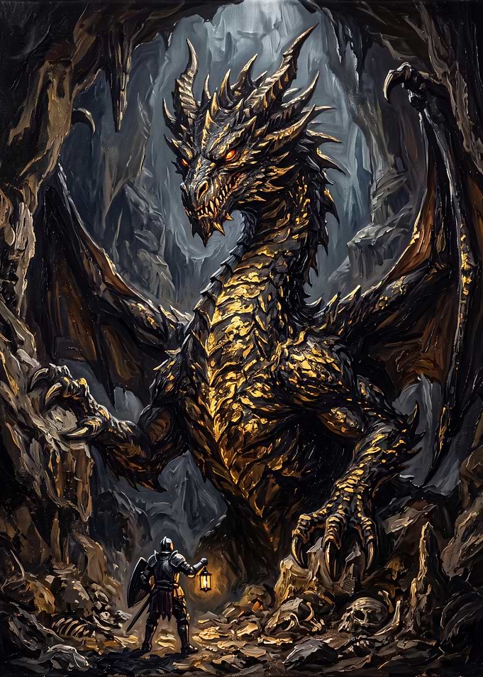 Knight Confronting Golden Dragon in Cave