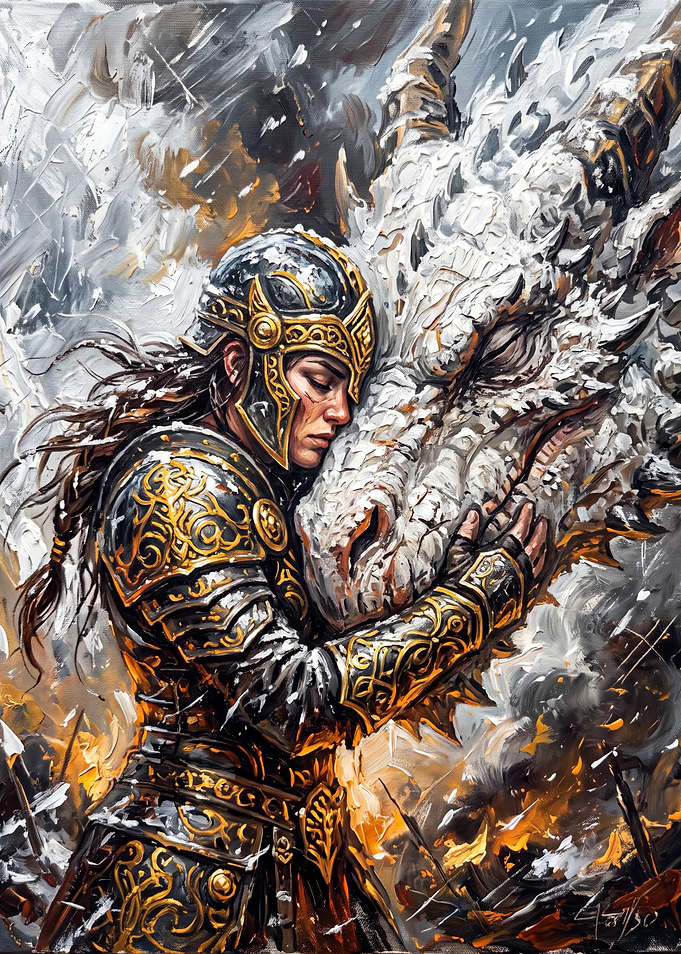 Knight Embracing a White Dragon