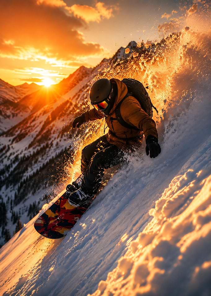 Snowboarder Carving Down Mountain at Sunset