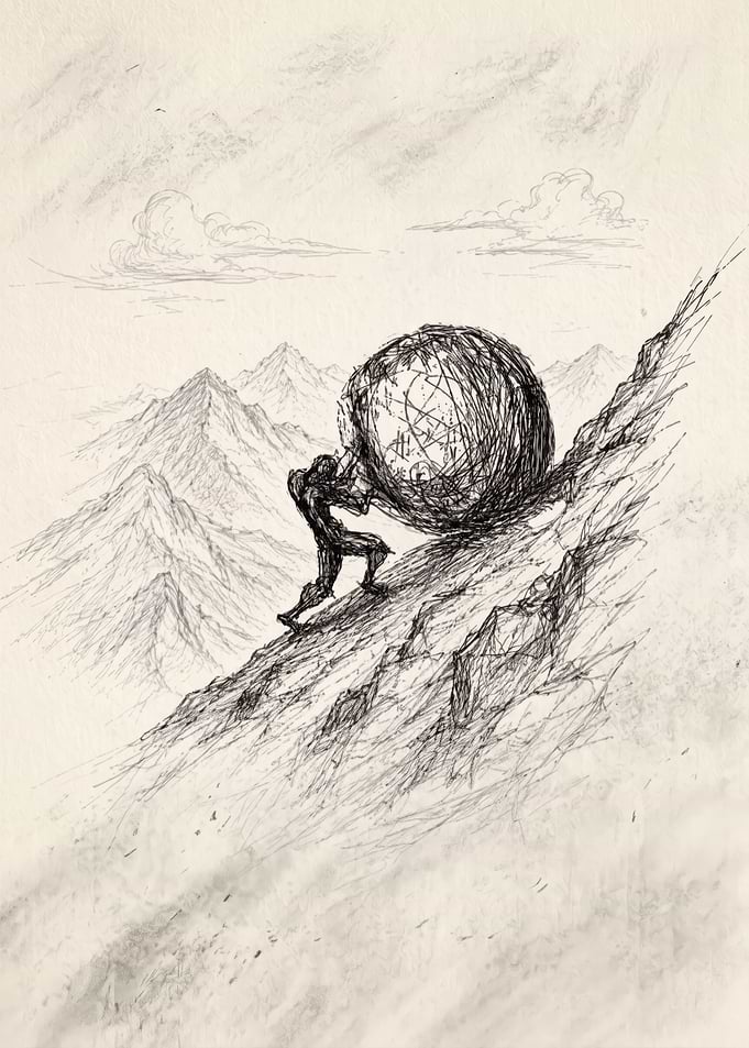 Sisyphus Pushing Boulder Up Mountain hand drawing
