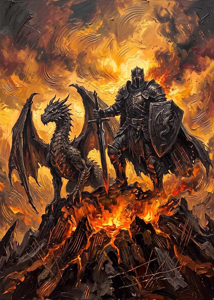 Black Knight and Dragon in Fire