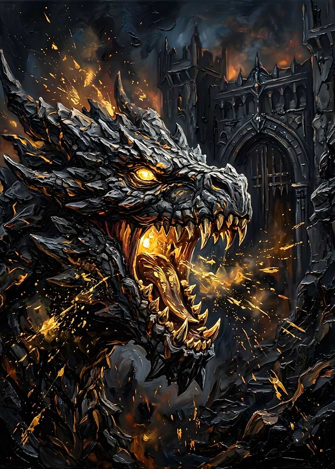 Fierce Obsidian Dragon Roaring at Castle