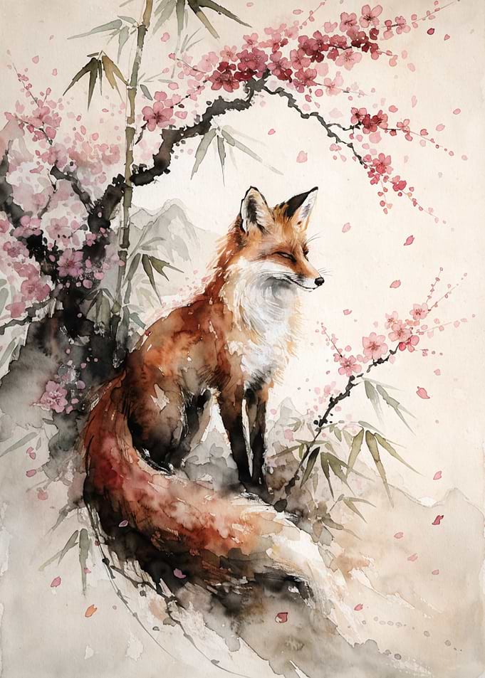 Watercolor Fox Under Cherry Blossoms