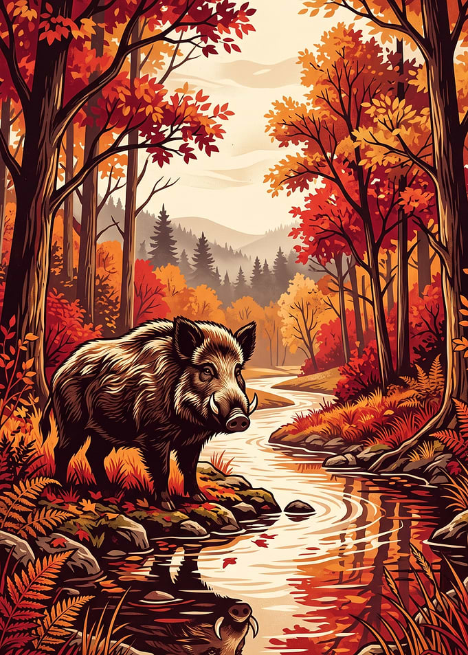 Wild Boar in Autumn Forest