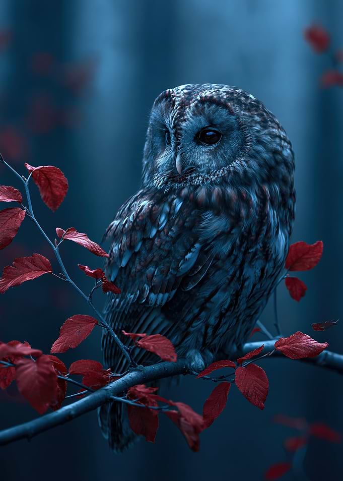 Owl Perched on Red Leaf Branch