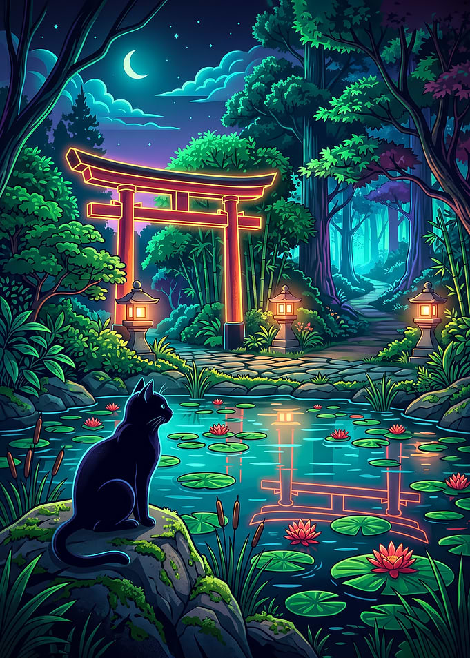 Black Cat at Neon Torii Gate japanese art poster