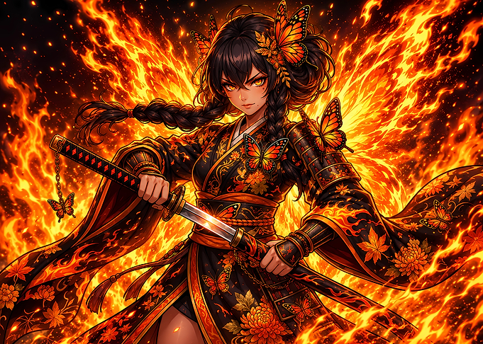 Fire Samurai Girl with Monarch Butterflies