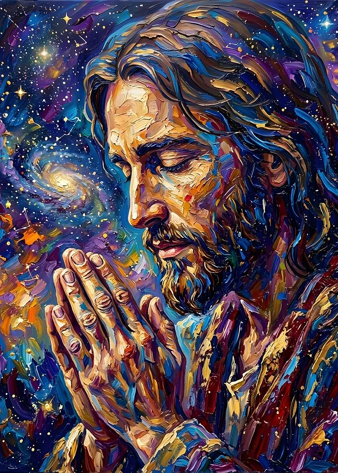 Jesus Praying Amidst Cosmic Galaxy