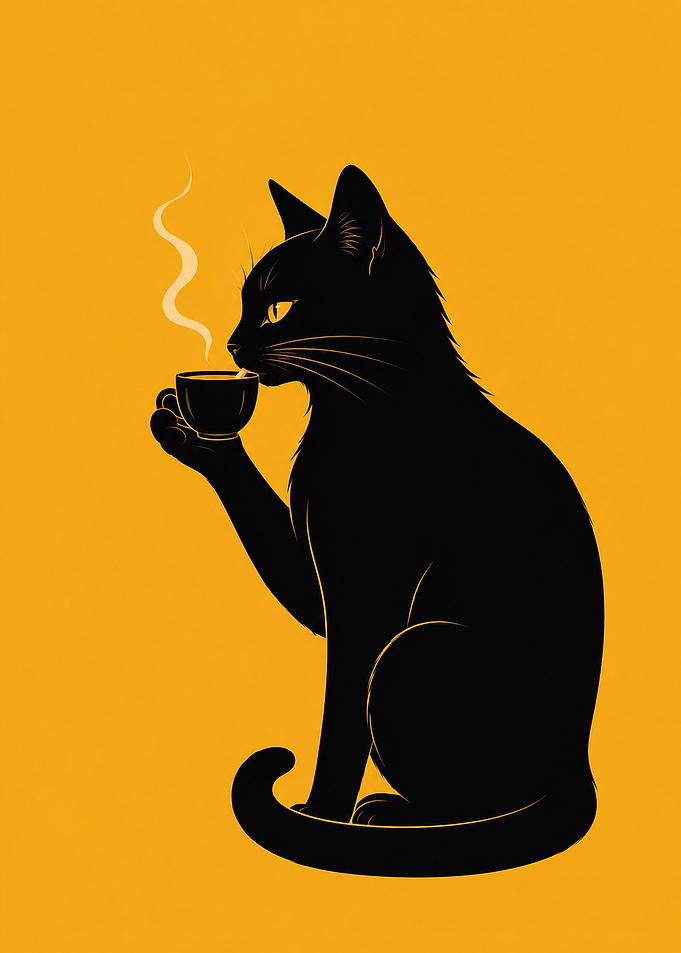 Black Cat Drinking Coffee