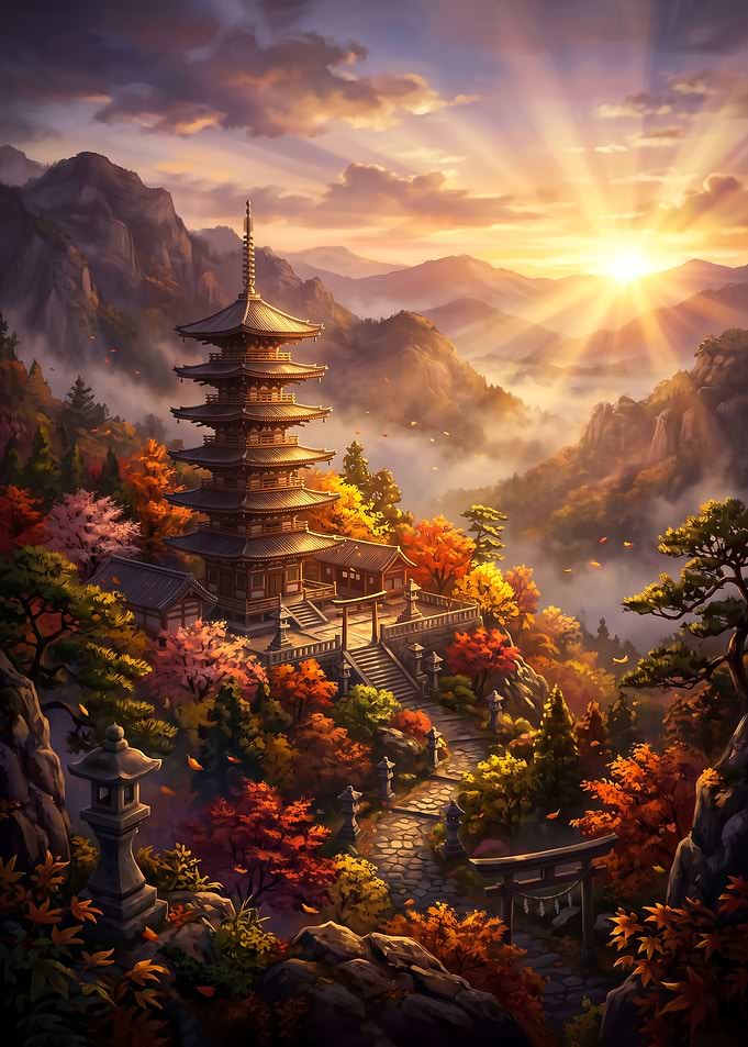 Pagoda Temple at Sunset japanese art poster