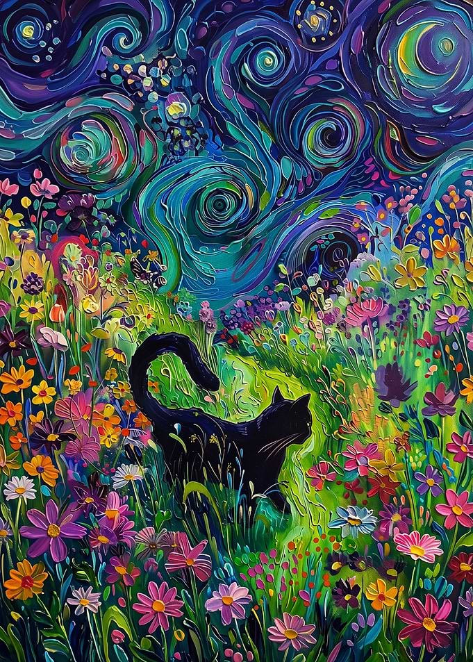 Black Cat in Starry Flower Field