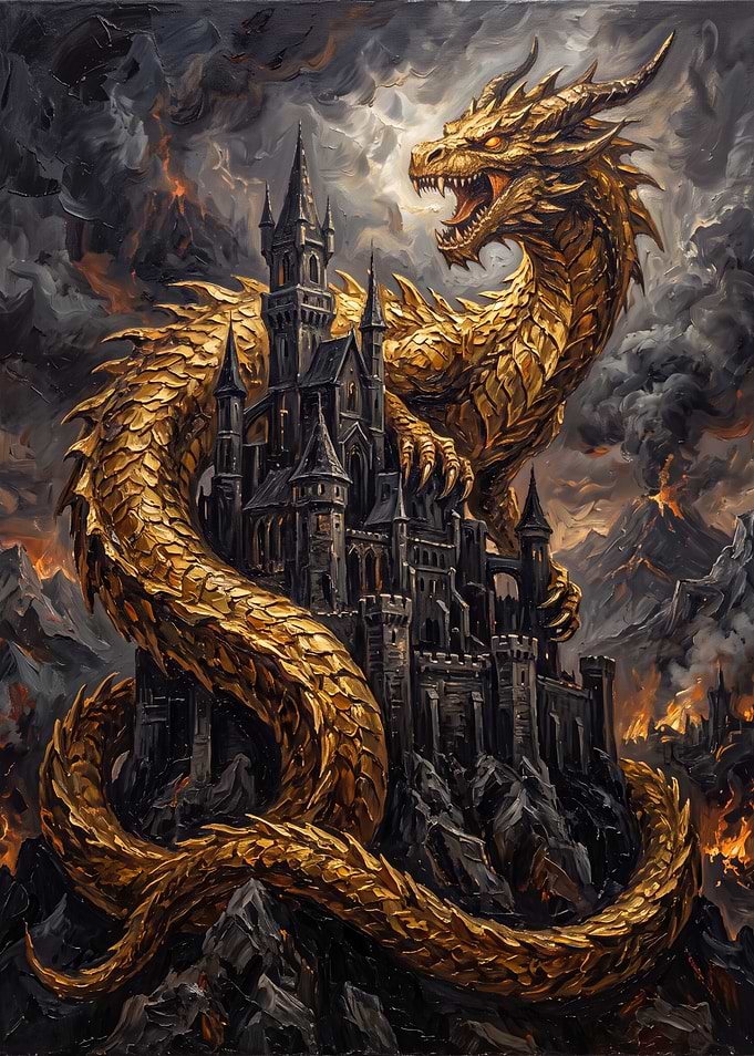 Golden Dragon Coiled Around Dark Castle