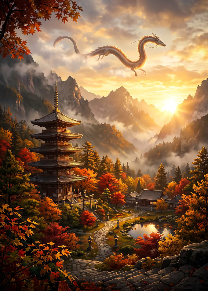 Golden Dragon Over Japanese Temple art poster