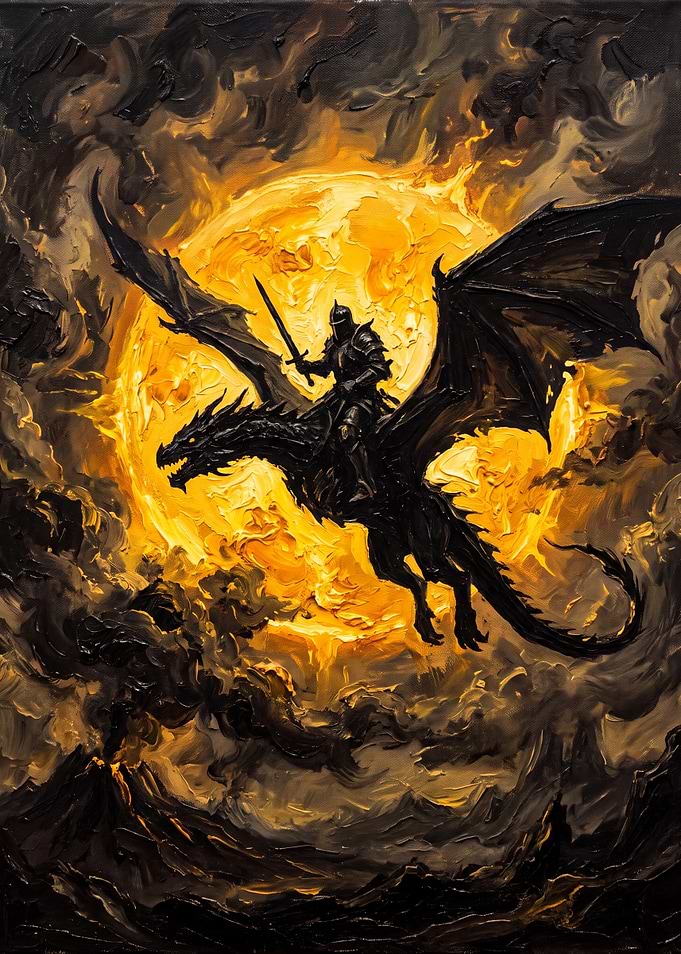 Knight Riding Dragon Against Golden Moon