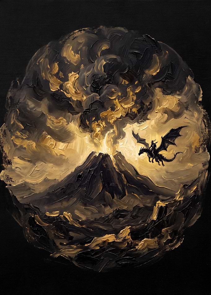 Dragon Rider Over Volcanic Eruption