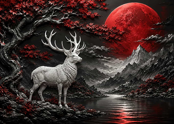 White Stag Under Red Moon