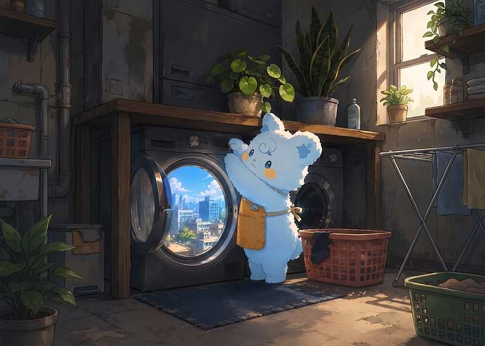 Cute Bear Doing Laundry with City View
