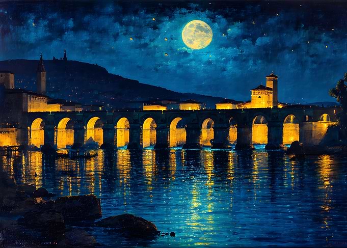Moonlit Bridge Over River at Night