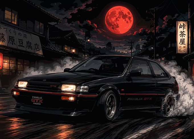 Mazda Familia GTX Drifting Under Moon